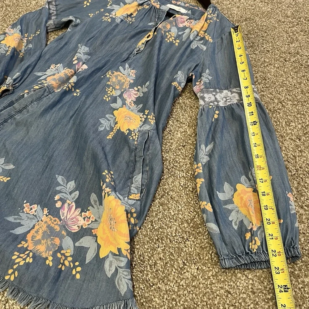 Blue Chambray Floral Dress Womens Small Cottagecore Boho Coastal Resort Lyocell - Picture 9 of 9